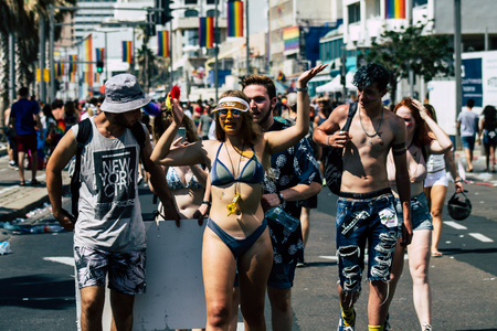 Tel Aviv Israel June 14, 2019 View of unknown Israeli people participating to the gay pride parade in the streets of Tel Aviv in the afternoonのeditorial素材