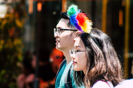 Tel Aviv Israel June 14, 2019 View of unknown Israeli people participating to the gay pride parade...