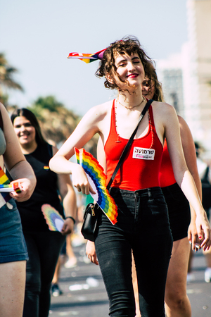 Tel Aviv Israel June 14, 2019 View of unknown Israeli people participating to the gay pride parade in the streets of Tel Aviv in the afternoonのeditorial素材