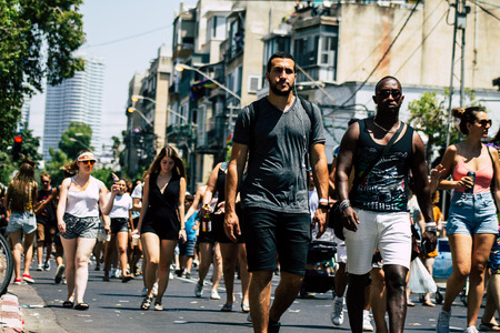 Tel Aviv Israel June 14, 2019 View of unknown Israeli people participating to the gay pride parade in the streets of Tel Aviv in the afternoonのeditorial素材