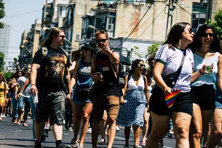 Tel Aviv Israel June 14, 2019 View of unknown Israeli people participating to the gay pride parade in the streets of Tel Aviv in the afternoonのeditorial素材