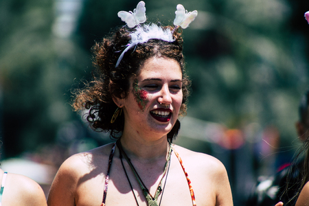 Tel Aviv Israel June 14, 2019 Portrait of unknown Israeli people participating to the gay pride parade in the streets of Tel Aviv in the afternoonのeditorial素材