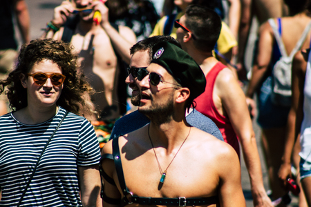 Tel Aviv Israel June 14, 2019 Portrait of unknown Israeli people participating to the gay pride parade in the streets of Tel Aviv in the afternoonのeditorial素材