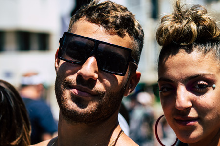 Tel Aviv Israel June 14, 2019 Portrait of unknown Israeli people participating to the gay pride parade in the streets of Tel Aviv in the afternoonのeditorial素材