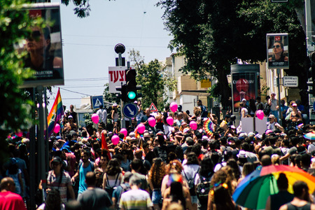 Tel Aviv Israel June 14, 2019 View of unknown Israeli people participating to the gay pride parade in the streets of Tel Aviv in the afternoonのeditorial素材
