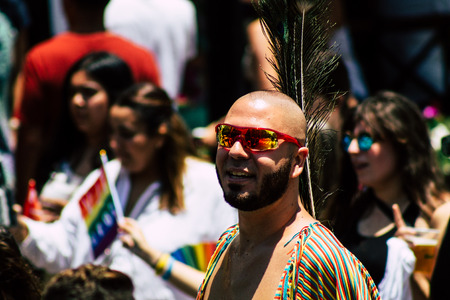 Tel Aviv Israel June 14, 2019 Portrait of unknown Israeli people participating to the gay pride parade in the streets of Tel Aviv in the afternoonのeditorial素材