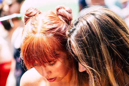 Tel Aviv Israel June 14, 2019 Portrait of unknown Israeli people participating to the gay pride parade in the streets of Tel Aviv in the afternoonのeditorial素材