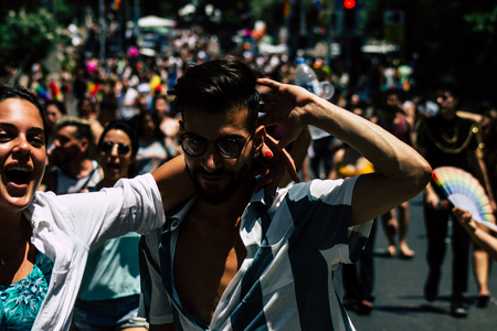 Tel Aviv Israel June 14, 2019 View of unknown Israeli people participating to the gay pride parade in the streets of Tel Aviv in the afternoonのeditorial素材