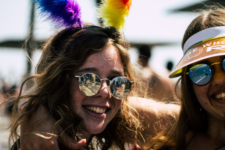Tel Aviv Israel June 14, 2019 Portrait of unknown Israeli people participating to the gay pride parade in the streets of Tel Aviv in the afternoonのeditorial素材