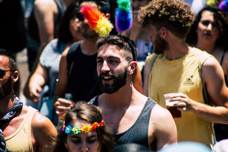 Tel Aviv Israel June 14, 2019 View of unknown Israeli people participating to the gay pride parade in the streets of Tel Aviv in the afternoonのeditorial素材