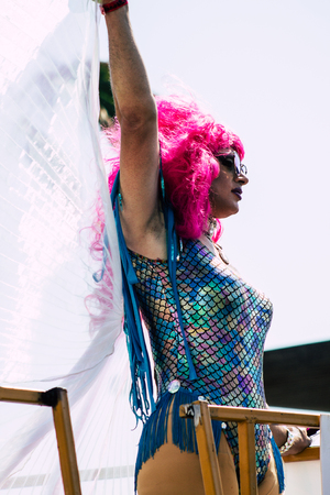 Tel Aviv Israel June 14, 2019 Portrait of unknown Israeli people participating to the gay pride parade in the streets of Tel Aviv in the afternoonのeditorial素材