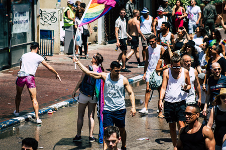 Tel Aviv Israel June 14, 2019 View of unknown Israeli people participating to the gay pride parade in the streets of Tel Aviv in the afternoonのeditorial素材