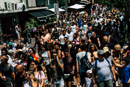 Tel Aviv Israel June 14, 2019 View of unknown Israeli people participating to the gay pride parade in the streets of Tel Aviv in the afternoonのeditorial素材