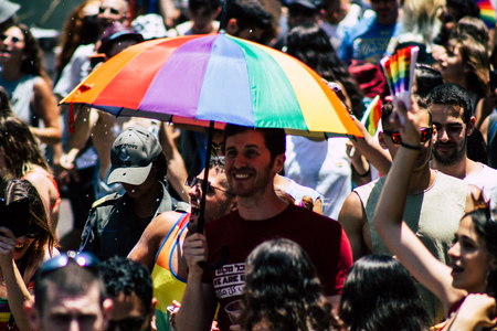 Tel Aviv Israel June 14, 2019 View of unknown Israeli people participating to the gay pride parade in the streets of Tel Aviv in the afternoonのeditorial素材