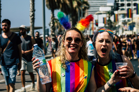 Tel Aviv Israel June 14, 2019 Portrait of unknown Israeli people participating to the gay pride parade in the streets of Tel Aviv in the afternoonのeditorial素材