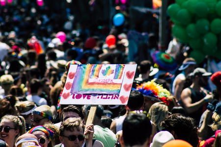 Tel Aviv Israel June 14, 2019 View of unknown Israeli people participating to the gay pride parade in the streets of Tel Aviv in the afternoonのeditorial素材