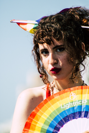 Tel Aviv Israel June 14, 2019 Portrait of unknown Israeli people participating to the gay pride parade in the streets of Tel Aviv in the afternoonのeditorial素材