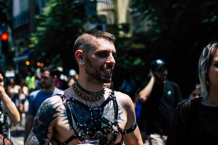 Tel Aviv Israel June 14, 2019 Portrait of unknown Israeli people participating to the gay pride parade in the streets of Tel Aviv in the afternoonのeditorial素材