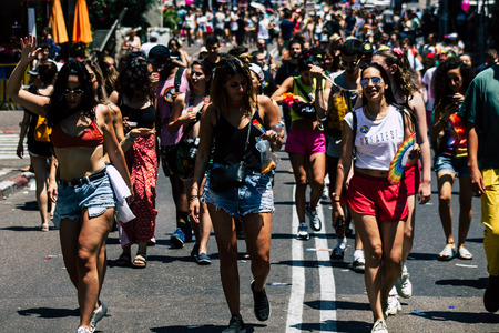 Tel Aviv Israel June 14, 2019 View of unknown Israeli people participating to the gay pride parade in the streets of Tel Aviv in the afternoonのeditorial素材