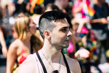 Tel Aviv Israel June 14, 2019 Portrait of unknown Israeli people participating to the gay pride parade in the streets of Tel Aviv in the afternoonのeditorial素材