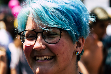 Tel Aviv Israel June 14, 2019 Portrait of unknown Israeli people participating to the gay pride parade in the streets of Tel Aviv in the afternoonのeditorial素材