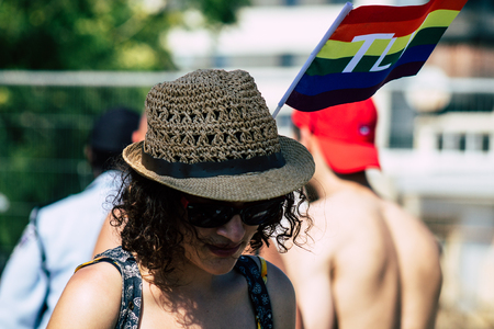 Tel Aviv Israel June 14, 2019 Portrait of unknown Israeli people participating to the gay pride parade in the streets of Tel Aviv in the afternoonのeditorial素材