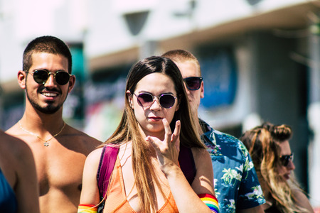 Tel Aviv Israel June 14, 2019 Portrait of unknown Israeli people participating to the gay pride parade in the streets of Tel Aviv in the afternoonのeditorial素材
