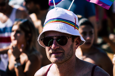 Tel Aviv Israel June 14, 2019 Portrait of unknown Israeli people participating to the gay pride parade in the streets of Tel Aviv in the afternoonのeditorial素材