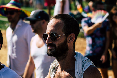 Tel Aviv Israel June 14, 2019 Portrait of unknown Israeli people participating to the gay pride parade in the streets of Tel Aviv in the afternoonのeditorial素材