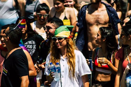 Tel Aviv Israel June 14, 2019 View of unknown Israeli people participating to the gay pride parade in the streets of Tel Aviv in the afternoonのeditorial素材