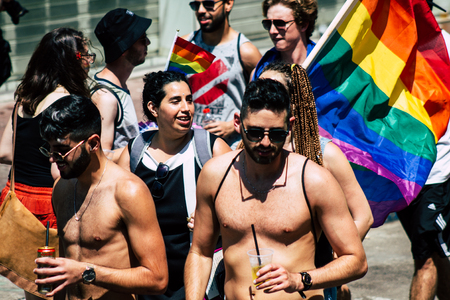 Tel Aviv Israel June 14, 2019 View of unknown Israeli people participating to the gay pride parade in the streets of Tel Aviv in the afternoonのeditorial素材