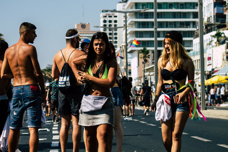 Tel Aviv Israel June 14, 2019 View of unknown Israeli people participating to the gay pride parade in the streets of Tel Aviv in the afternoonのeditorial素材