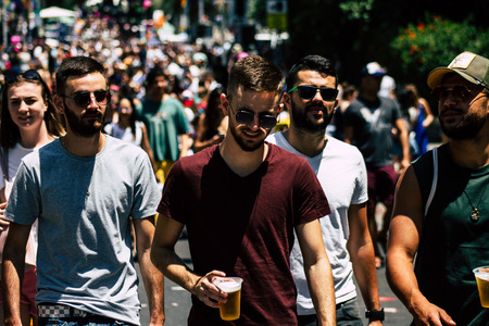 Tel Aviv Israel June 14, 2019 View of unknown Israeli people participating to the gay pride parade...