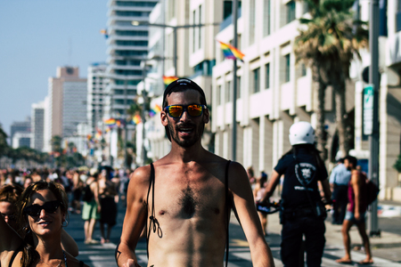 Tel Aviv Israel June 14, 2019 Portrait of unknown Israeli people participating to the gay pride parade in the streets of Tel Aviv in the afternoonのeditorial素材