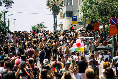 Tel Aviv Israel June 14, 2019 View of unknown Israeli people participating to the gay pride parade in the streets of Tel Aviv in the afternoonのeditorial素材