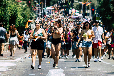 Tel Aviv Israel June 14, 2019 View of unknown Israeli people participating to the gay pride parade in the streets of Tel Aviv in the afternoonのeditorial素材
