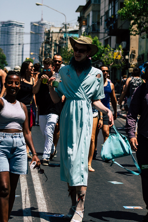 Tel Aviv Israel June 14, 2019 View of unknown Israeli people participating to the gay pride parade in the streets of Tel Aviv in the afternoonのeditorial素材