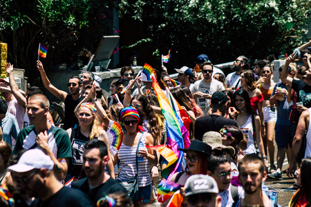 Tel Aviv Israel June 14, 2019 View of unknown Israeli people participating to the gay pride parade in the streets of Tel Aviv in the afternoonのeditorial素材