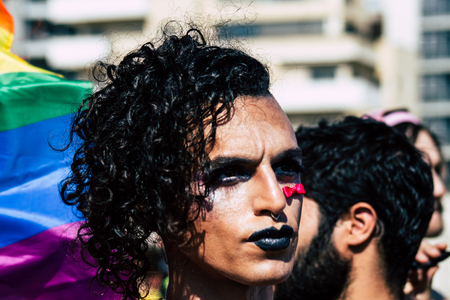 Tel Aviv Israel June 14, 2019 Portrait of unknown Israeli people participating to the gay pride parade in the streets of Tel Aviv in the afternoonのeditorial素材