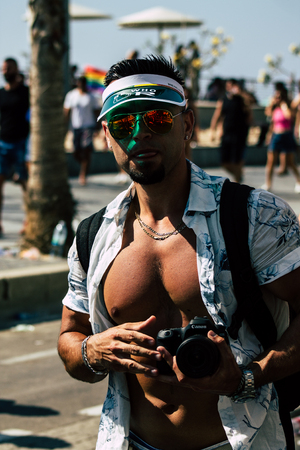 Tel Aviv Israel June 14, 2019 View of unknown Israeli people participating to the gay pride parade in the streets of Tel Aviv in the afternoonのeditorial素材
