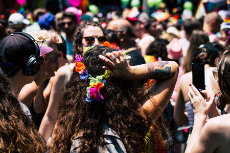 Tel Aviv Israel June 14, 2019 View of unknown Israeli people participating to the gay pride parade in the streets of Tel Aviv in the afternoonのeditorial素材