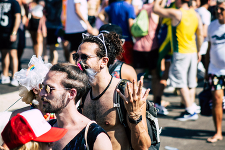 Tel Aviv Israel June 14, 2019 Portrait of unknown Israeli people participating to the gay pride parade in the streets of Tel Aviv in the afternoonのeditorial素材