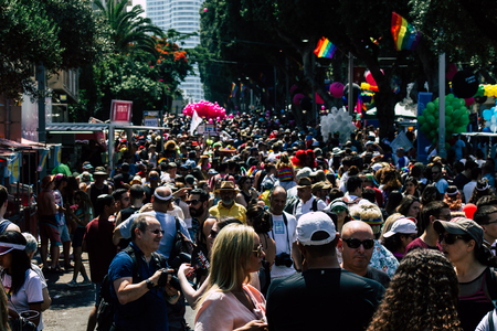 Tel Aviv Israel June 14, 2019 View of unknown Israeli people participating to the gay pride parade in the streets of Tel Aviv in the afternoonのeditorial素材