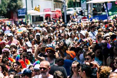 Tel Aviv Israel June 14, 2019 View of unknown Israeli people participating to the gay pride parade in the streets of Tel Aviv in the afternoonのeditorial素材