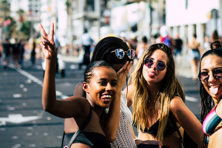 Tel Aviv Israel June 14, 2019 View of unknown Israeli people participating to the gay pride parade in the streets of Tel Aviv in the afternoonのeditorial素材