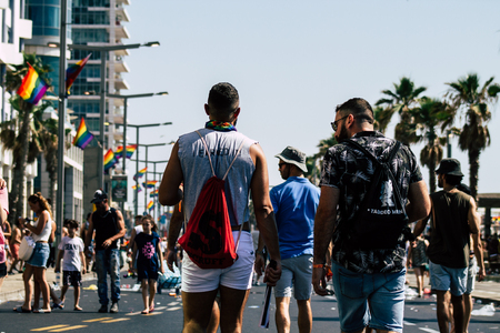 Tel Aviv Israel June 14, 2019 View of unknown Israeli people participating to the gay pride parade in the streets of Tel Aviv in the afternoonのeditorial素材