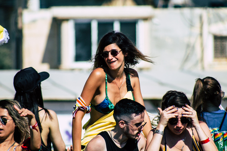 Tel Aviv Israel June 14, 2019 View of unknown Israeli people participating to the gay pride parade in the streets of Tel Aviv in the afternoonのeditorial素材