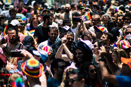 Tel Aviv Israel June 14, 2019 View of unknown Israeli people participating to the gay pride parade in the streets of Tel Aviv in the afternoonのeditorial素材