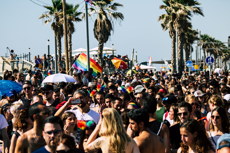 Tel Aviv Israel June 14, 2019 View of unknown Israeli people participating to the gay pride parade in the streets of Tel Aviv in the afternoonのeditorial素材