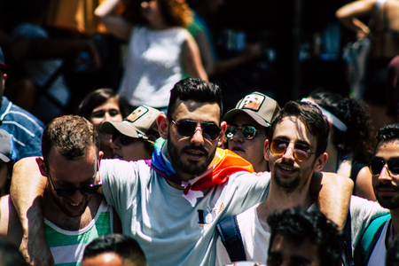 Tel Aviv Israel June 14, 2019 View of unknown Israeli people participating to the gay pride parade in the streets of Tel Aviv in the afternoonのeditorial素材